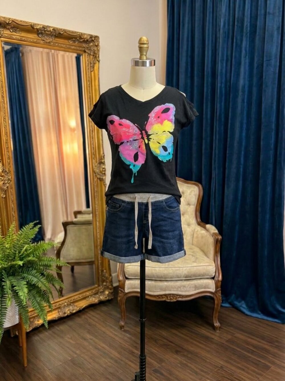 Justice Girls Size 6 2pc Set Butterfly Graphic Tee Denim Shorts Cuffed